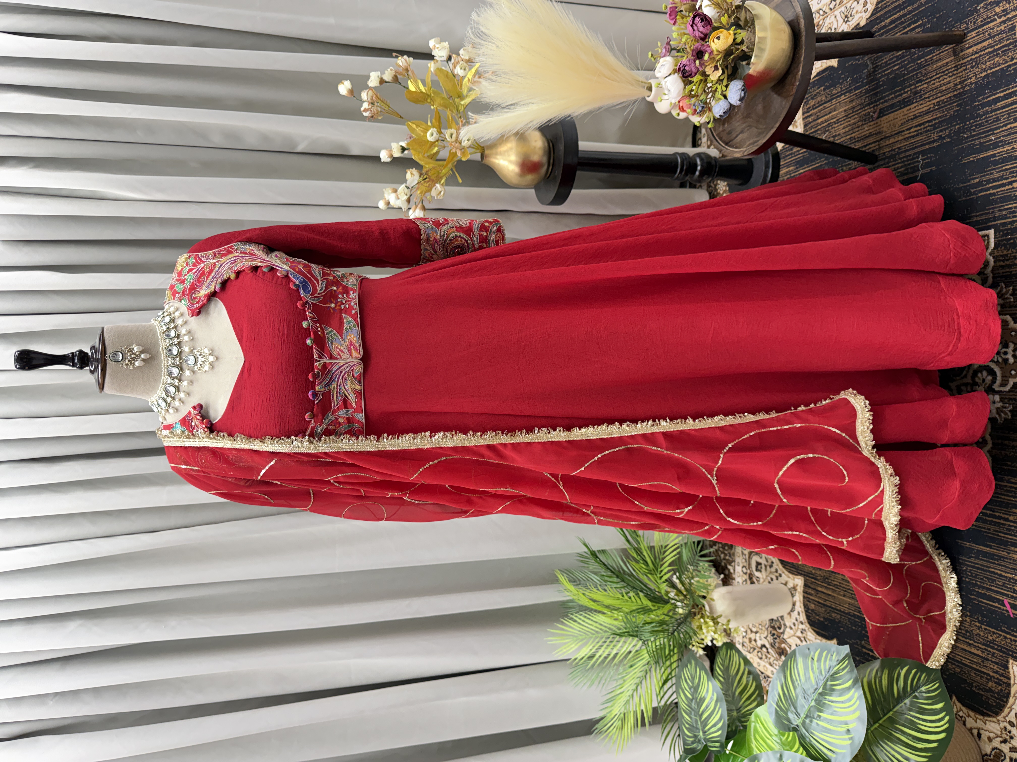 Floor-Length Anarkali Suit with Attached Embroidered Jacket / Shrug Style Bodice and Dupatta